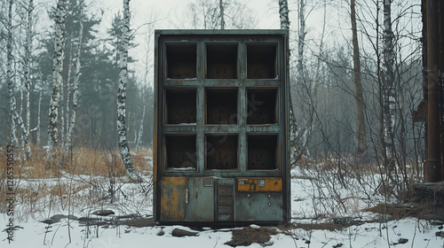 Abandoned vending machine in a snowy forest, surrounded by leafless trees and a misty, desolate atmosphere photo