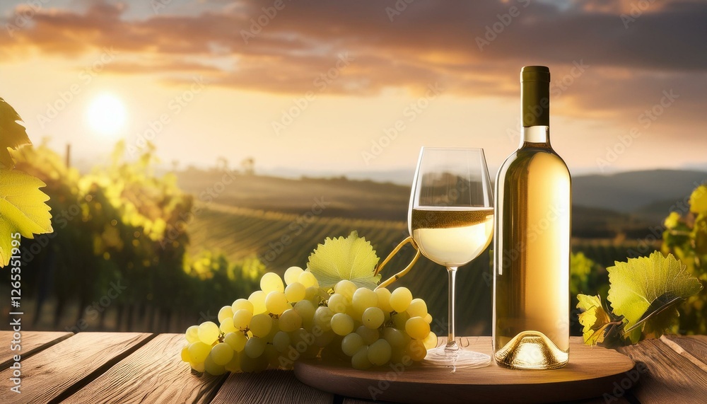 Fototapeta premium bottle of white wine sits on wooden table with a bunch of grapes and a wine glass