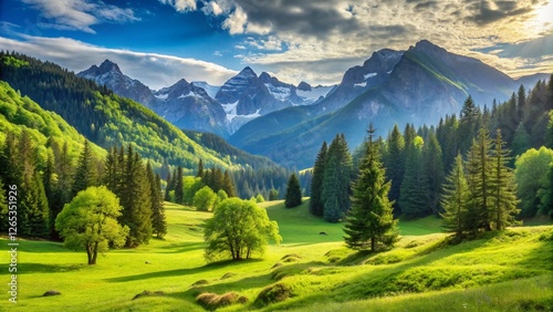 Serene Highland Landscape with Trees, Mountains, and Greenery