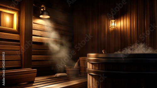 Wallpaper Mural A serene sauna interior featuring warm wooden walls, a steaming hot tub, and soft lighting, creating a tranquil and relaxing atmosphere for rejuvenation and wellness. Torontodigital.ca