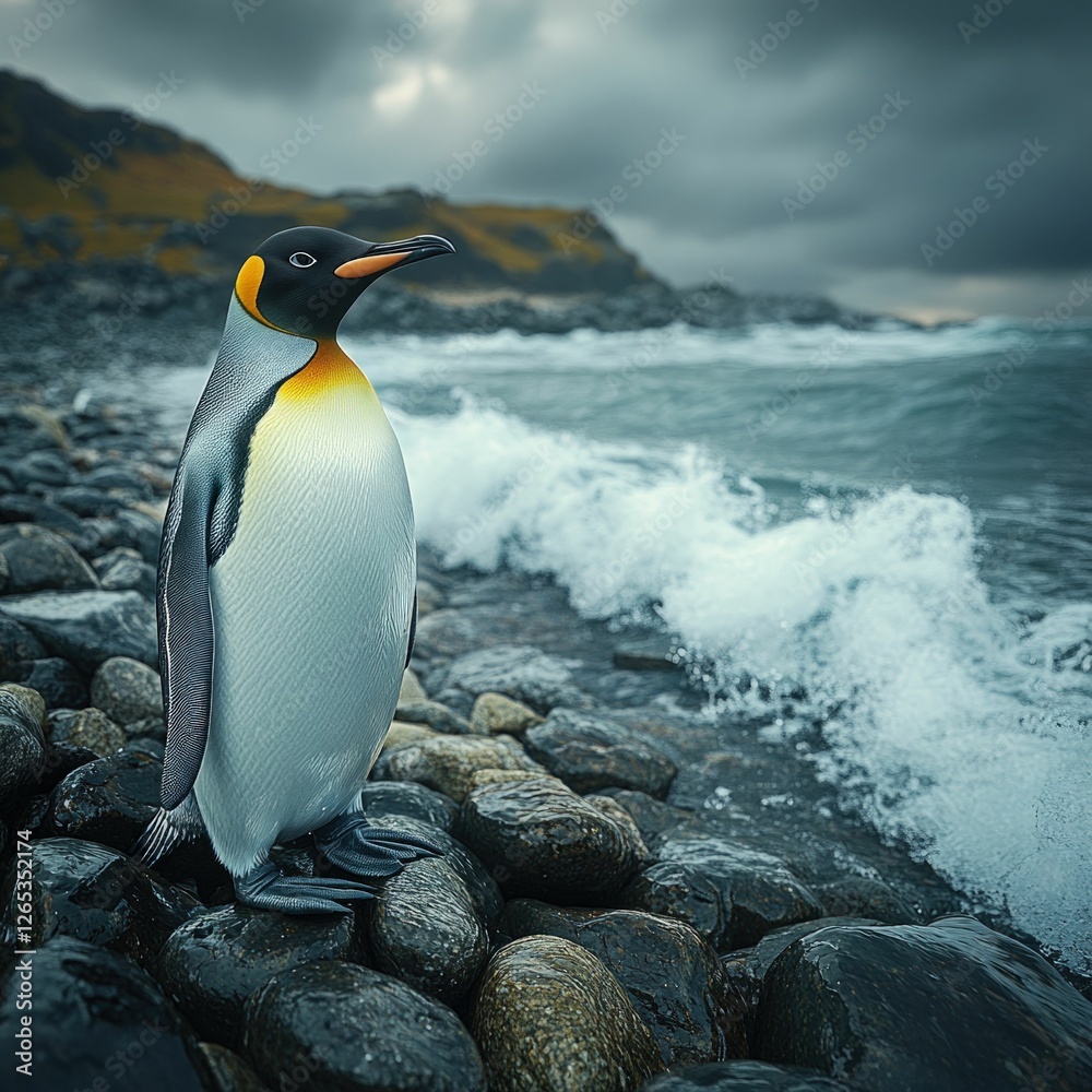 Fototapeta premium Majestic king penguin seaside rocks stormy ocean