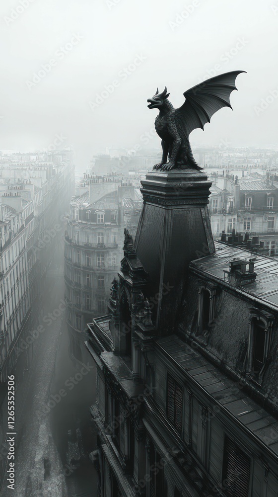 Fototapeta premium Gargoyle perched atop foggy city building