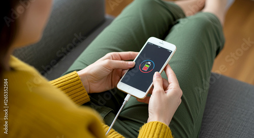 Smartphone charging battery in woman hands. Woman using smartphone with charging battery on screen while sitting on couch