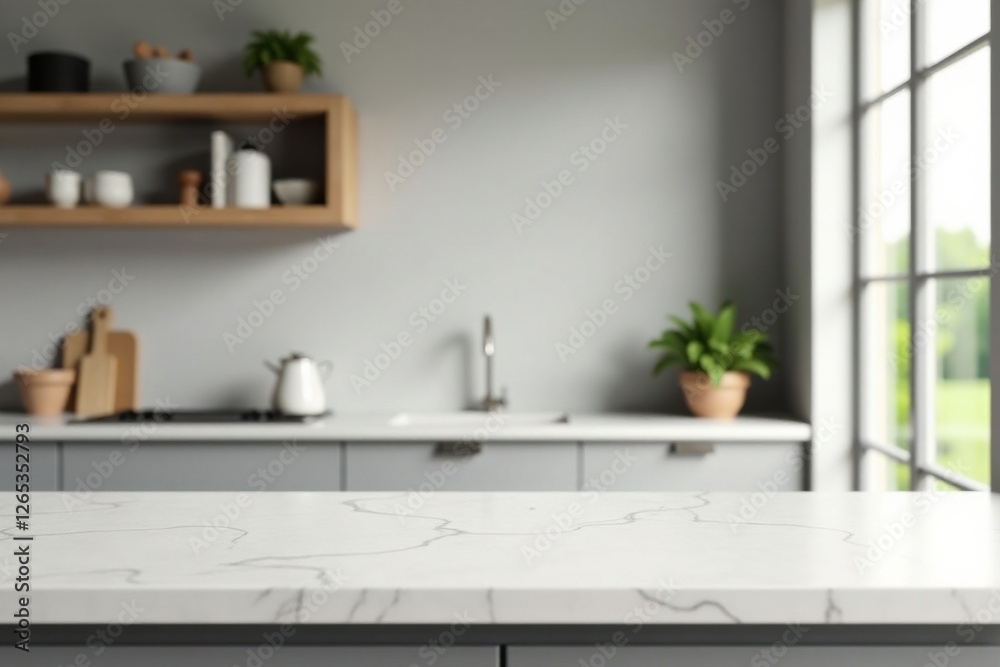 Obraz premium Clean Minimalist Kitchen Countertop with Blurred Background Featuring Wooden Shelving and Greenery