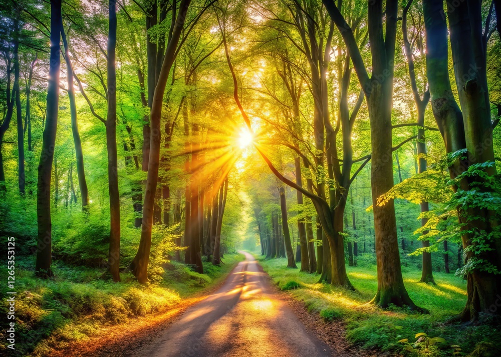 Obraz premium AI-generated portrait: sun-drenched forest path, ethereal beauty.