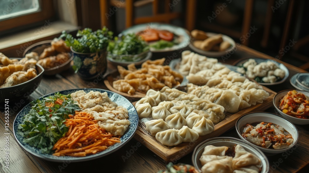 Fototapeta premium A festive Lunar New Year dinner with a variety of traditional dishes like dumplings and spring rolls