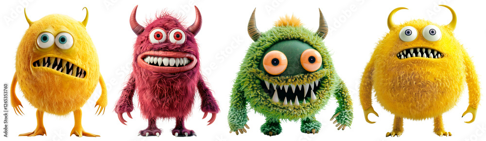 Set of 3D-rendered furry cartoon monsters with expressive faces on a transparent background. Features yellow, red, and green creatures with big eyes, sharp teeth, and unique textures. Perfect for fant Set of 3D-rendered furry cartoon monsters with expressive faces on a transparent background. Features yellow, red, and green creatures with big eyes, sharp teeth, and unique textures. Perfect for fant