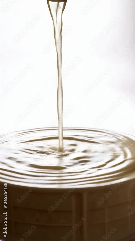 Liquid pouring into a circular container, creating ripples against a plain background Liquid pouring into a circular container, creating ripples against a plain background