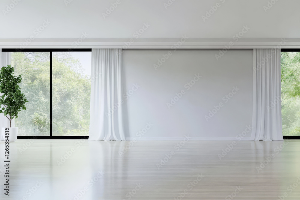 Obraz premium Spacious interior with large windows and greenery visible outside in bright daylight