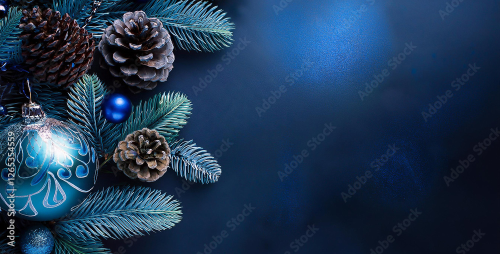 Naklejka premium Blue Toned Winter Decoration with Pine Cones and Ornaments