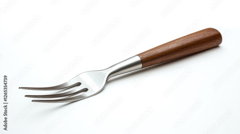 Wooden-handled fork on white background; food, kitchenware Wooden-handled fork on white background; food, kitchenware