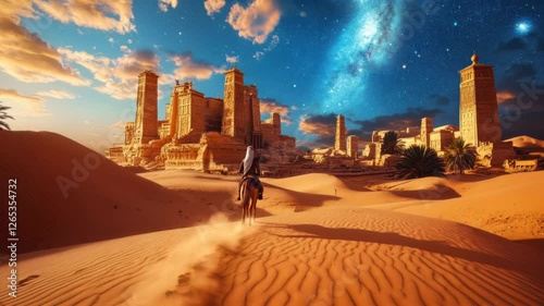 Majestic rider on horseback traversing golden sands towards ancient ruins under a starry sky