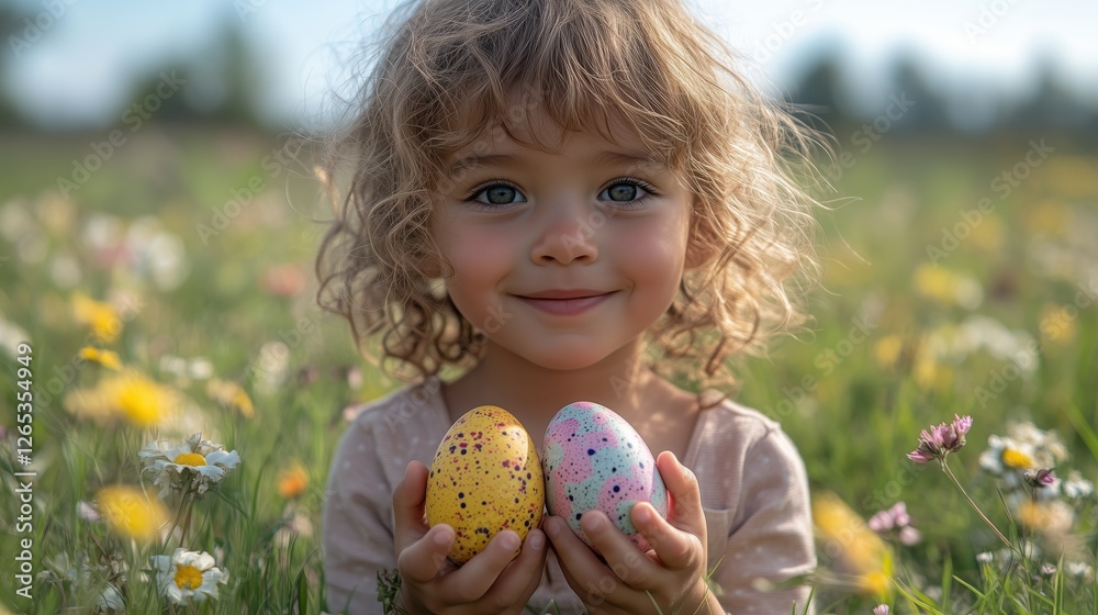 Child joyfully holding colorful Easter eggs in a vibrant flower field during springtime Child joyfully holding colorful Easter eggs in a vibrant flower field during springtime