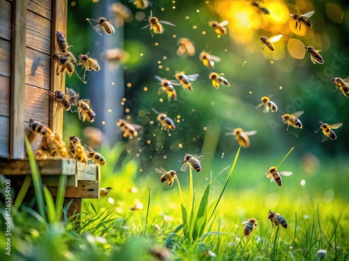 Bees homeward bound, vertical low-light image.
