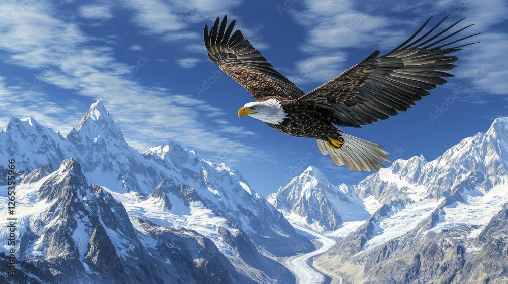 Majestic Bald Eagle Soaring Above Snow-Capped Mountains and Icy Glacier Under Clear Blue Sky