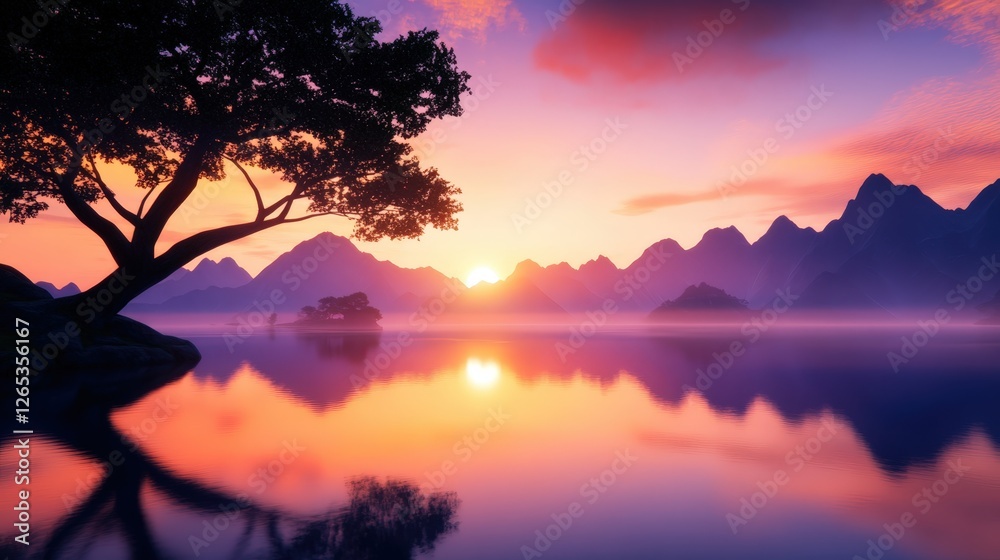 Fototapeta premium A breathtaking sunset over serene mountains, with a calm lake reflecting vibrant colors and a silhouette of a lone tree creating a peaceful atmosphere.