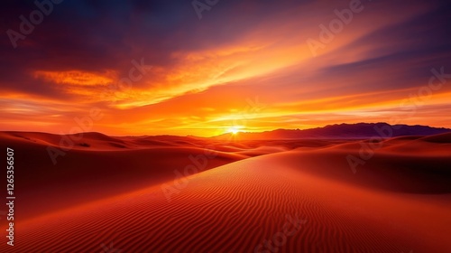 A breathtaking view of a desert landscape at sunset, showcasing vibrant hues of orange and purple across the sky, casting warm tones over gentle sand dunes, evoking a sense of tran photo