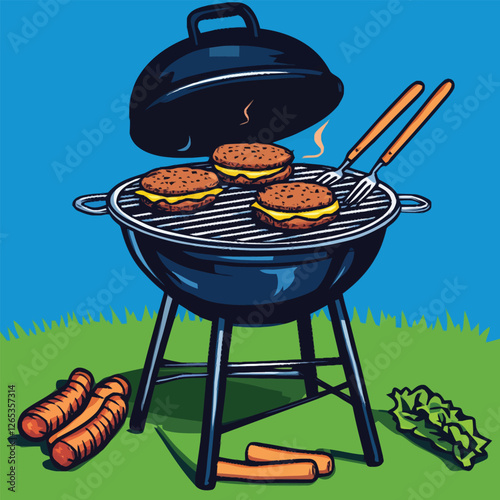 Summer barbecue grill with burgers and tongs, outdoor cooking theme