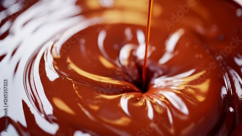Rich, glossy chocolate pouring into a swirling pool, creating a mesmerizing vortex effect