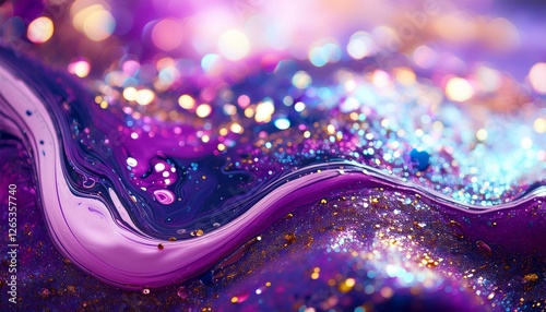 paint ink blend shiny fluid spill defocused multicolor purple shimmering sparkling flow marble texture bright particles moving on abstract blurred bokeh light art background