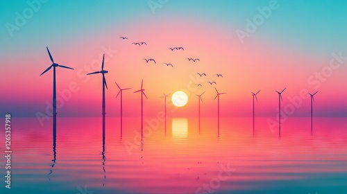 Wind turbines and birds in flight at sunset, showcasing the seamless integration of renewable energy photo