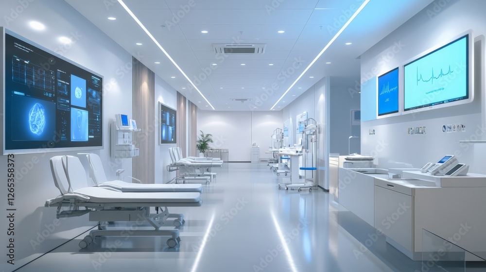 Minimalist and elegant medical office with smart touchscreens integrated into the walls, symbolizing modern patient experience. Minimalist and elegant medical office with smart touchscreens integrated into the walls, symbolizing modern patient experience.