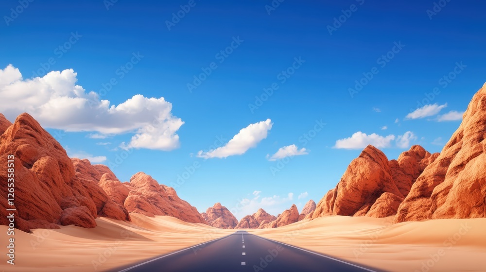 Naklejka premium A picturesque view of a long, empty road stretching through a stunning desert landscape under a bright blue sky adorned with fluffy white clouds