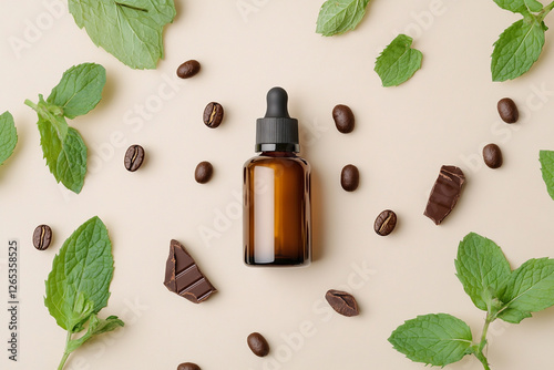 An attractive product photo of a face serum with vibrant chocolate and coffee and eucalyptus leaves on a light beige background. The focus is on the plain, plain bottle of the face serum, surrounded b photo