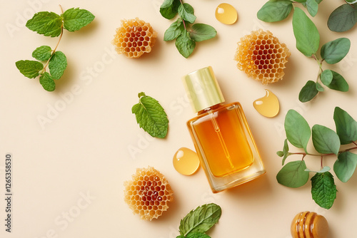 An attractive product photo of a facial serum with vibrant honey and honeycomb and eucalyptus leaves on a light beige background. The focus is on the plain, plain bottle of the facial serum, surrounde photo