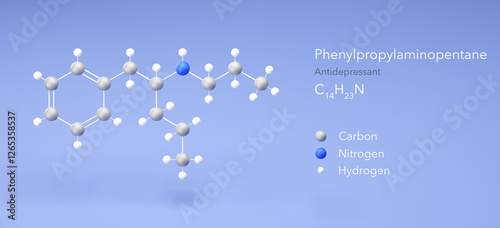 phenylpropylaminopentane molecule, molecular structure, antidepressant 3d model, Structural Chemical Formula and Atoms with Color Coding photo