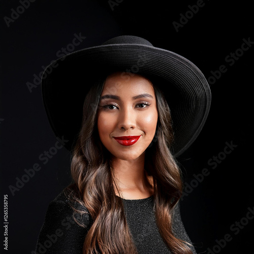 Glamorous Young Girl in Chic Black Hat Portrait