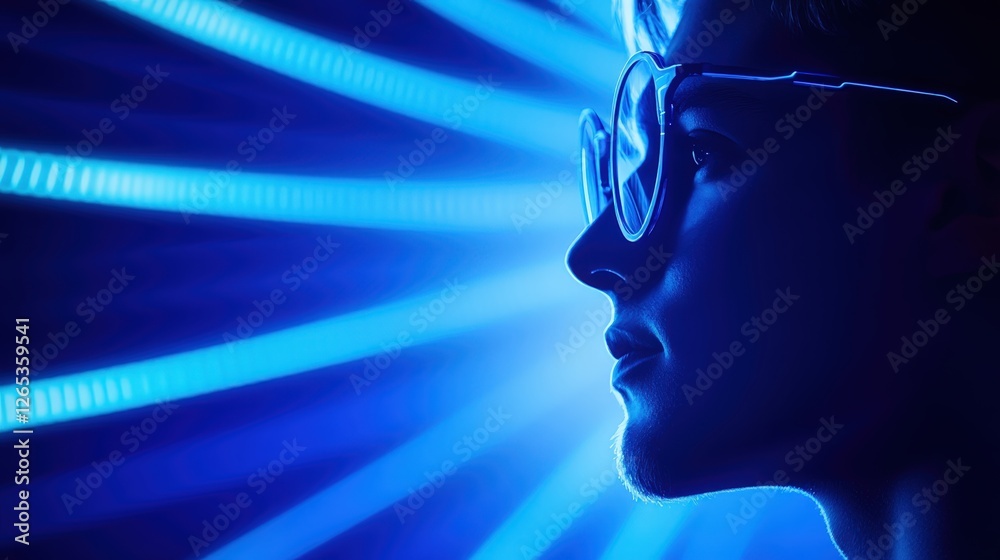 A captivating profile of a person wearing glasses, illuminated by vibrant blue lighting. The glowing rays create a dynamic atmosphere, symbolizing creativity and modernity. A captivating profile of a person wearing glasses, illuminated by vibrant blue lighting. The glowing rays create a dynamic atmosphere, symbolizing creativity and modernity.