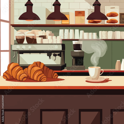 A vector of a coffee shop counter with croissants and steaming cups