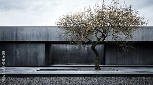 Modern architecture featuring a tree and minimalist design photo