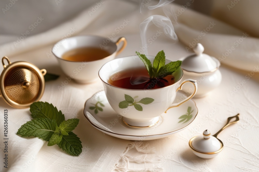 steaming cup of amber tea with fresh mint steaming cup of amber tea with fresh mint