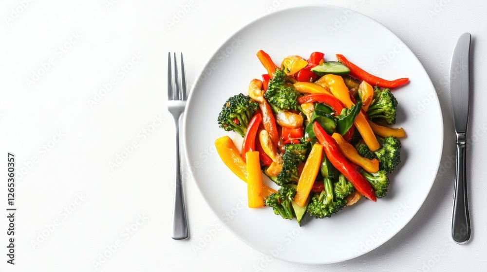 Stir-fried shrimp, vegetables, white plate Stir-fried shrimp, vegetables, white plate