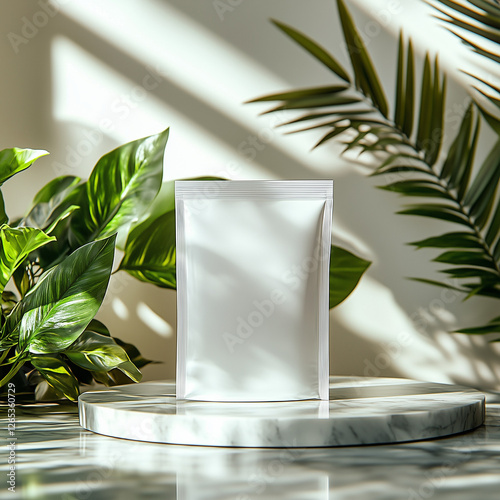 Mockup of White Mylar Bag on Light Background with Plants photo