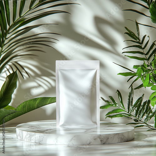 Mockup of White Mylar Bag on Light Background with Plants photo