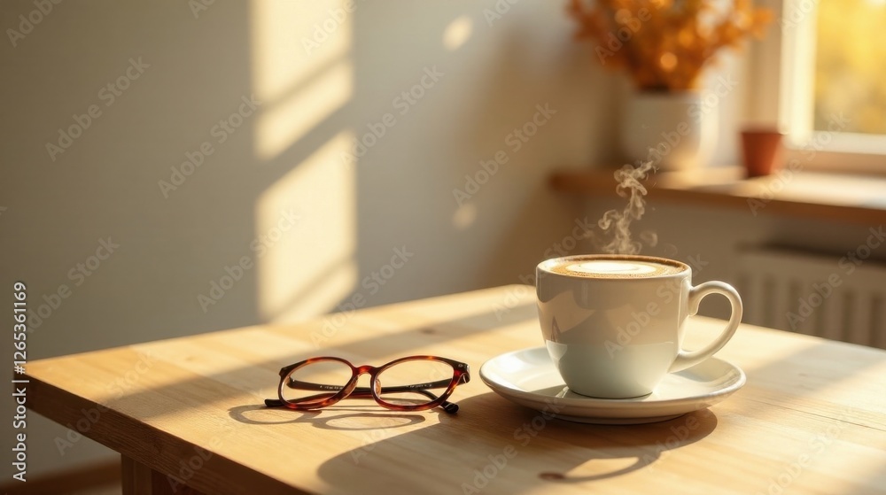 Fototapeta premium Warm morning light streams through a window, illuminating a steaming cup of cappuccino and eyeglasses resting on a light wood table.