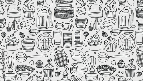 Hand drawn seamless pattern of baking and cooking tools, mixer, cake, spoon, cupcake, scale. Doodle sketch style. Illustration for textile, background, wallpaper design.