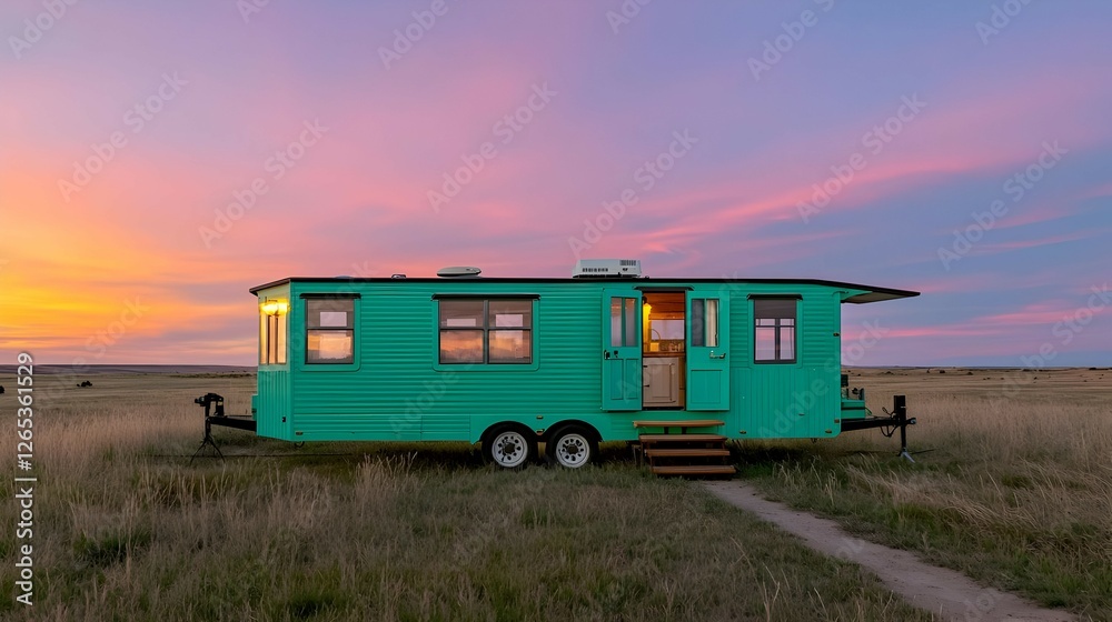 Fototapeta premium Teal Tiny House on Wheels at Sunset in a Grassland