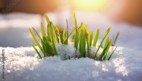 Green grass growing under melting snow at sunrise, end of winter, spring snow melt and plants waking up 