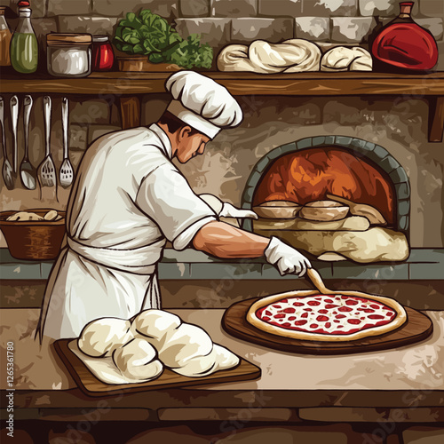 A vector of a pizza chef tossing dough in a rustic kitchen