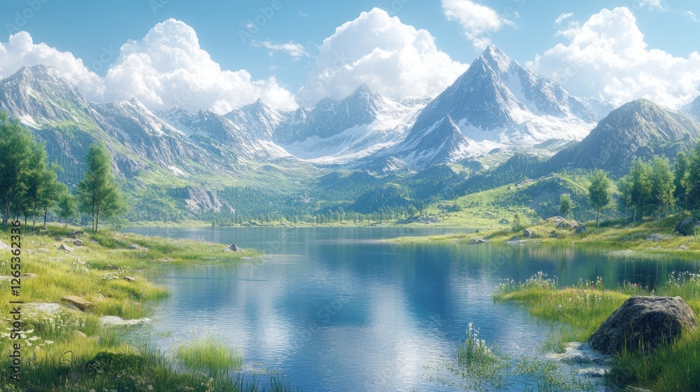 Fototapeta premium Sunny alpine lake nestled between snowy peaks