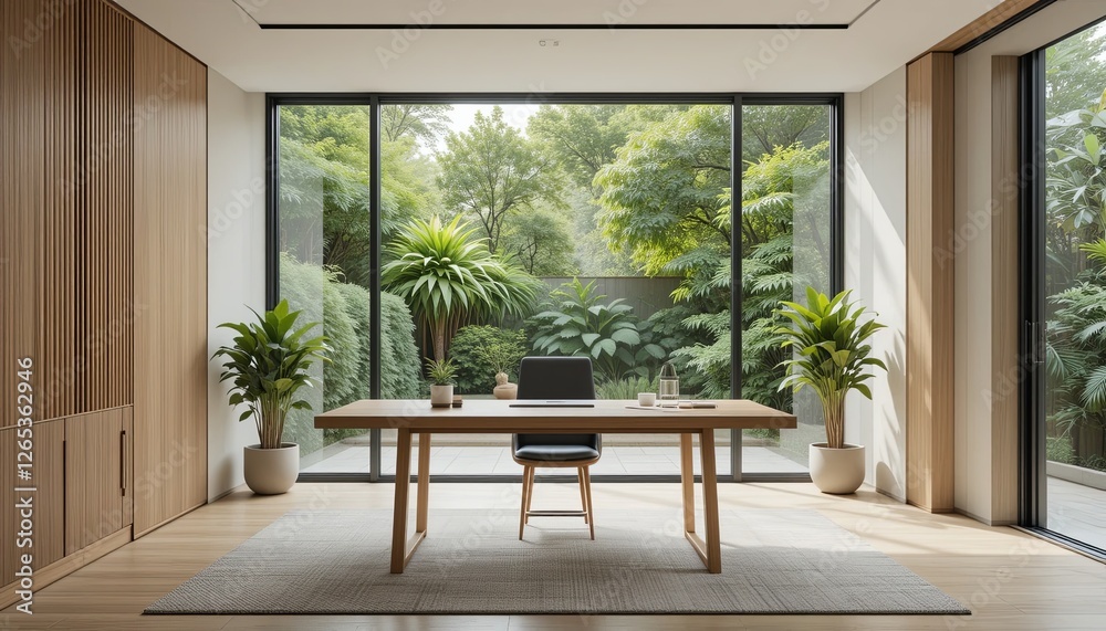 Fototapeta premium Modern office space with garden view indoor design home environment contemporary concept