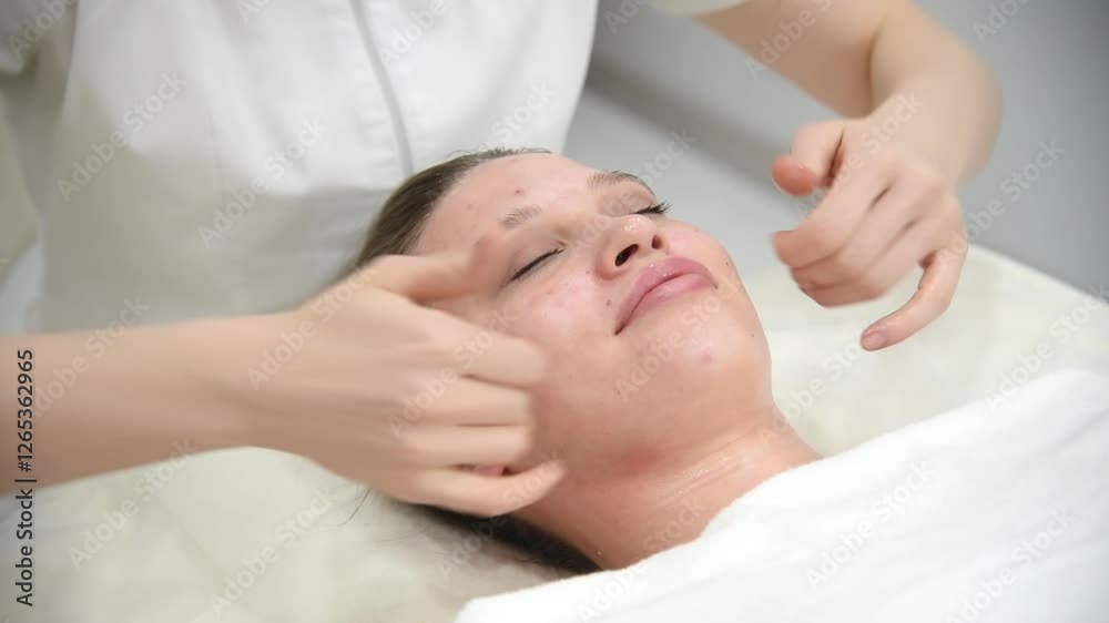 face massage, young attractive caucasian woman, beautiful relaxed lady with problem skin and red inflammations, white towel, spa therapist doing facial massage in beauty salon, skincare concept face massage, young attractive caucasian woman, beautiful relaxed lady with problem skin and red inflammations, white towel, spa therapist doing facial massage in beauty salon, skincare concept