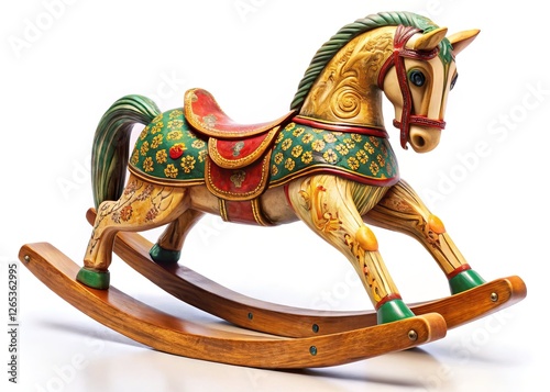 Detailed wooden rocking horse, evoking childhood dreams.