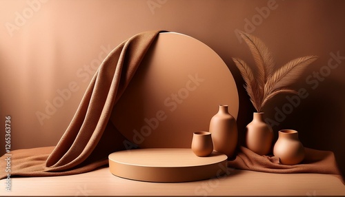 still life fabric elements podium for product display object placement abstract fashion minimal background 3d rendering with brown textile backdrop