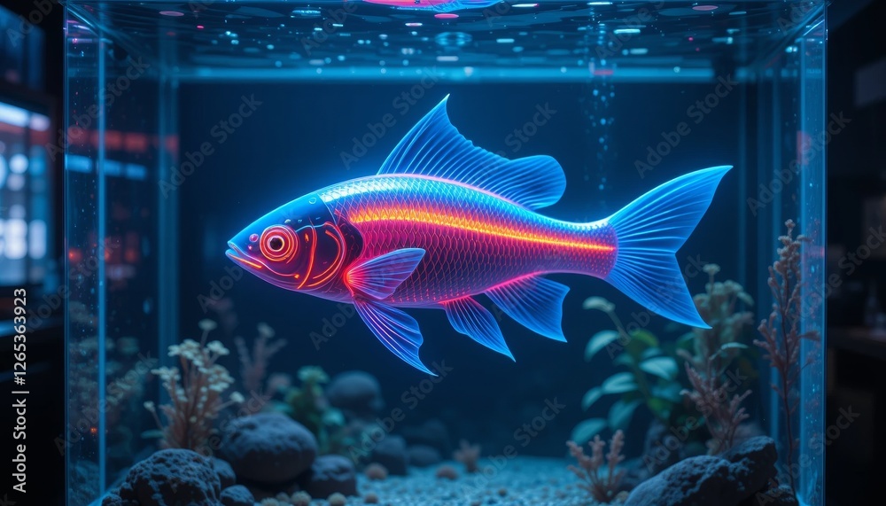 Fototapeta premium Glowing futuristic fish in high-tech aquarium