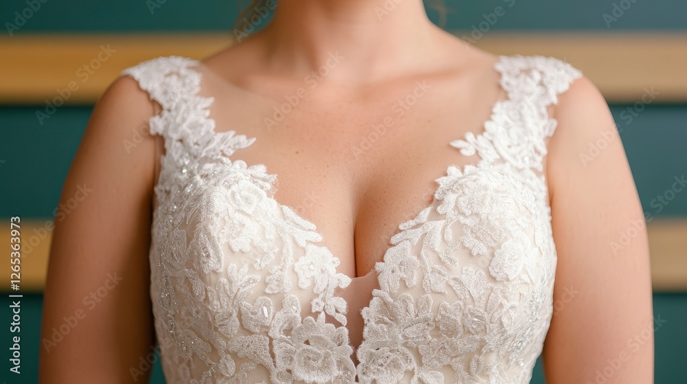 Elegant bridal gown with intricate lace detailing and deep V-neck design Elegant bridal gown with intricate lace detailing and deep V-neck design